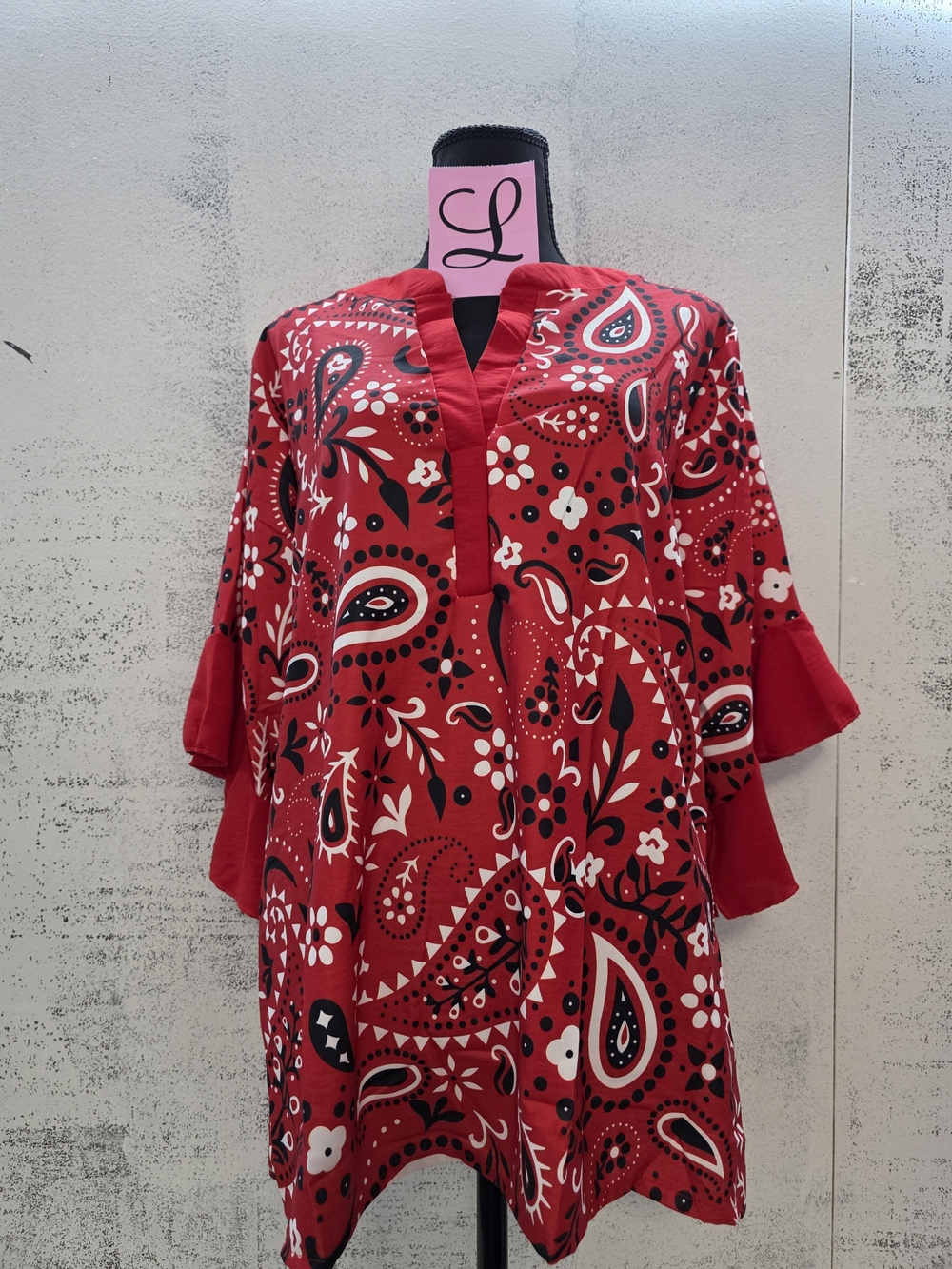 Women's Red Paisley Tunic Top - Casual V-Neck